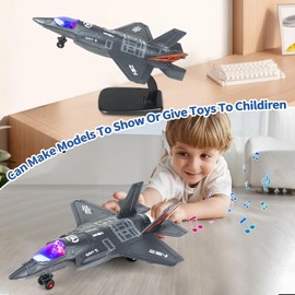 Ynybusi Fighter Jet, Diecast Airplane Toy Metal Pull Back Airplane with Flashing Lights and Sounds, Military Fighter Airforce Airplane Model for Kids 3-12 Years Old Boys (Holder Included)