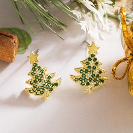SELOVO Green Christmas Tree Shape Women Earrings Stud Green CZ Zircon Earrings Gold Tone
