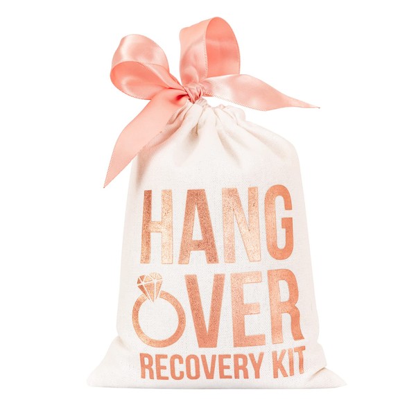 MEJOY 10pcs Wedding Party Favor Bags,Rose Gold Foil Gift Bags,HANGOVER Bags, Hangover Kit Bags for Bridal Shower Bachelorette Recovery Kit Bags Cotton Muslin Drawstring Bag (ROSE RING, 5"x7")