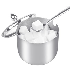 KEMIYIXIAN stainless steel sugar bowl with clear lid and spoon, polished shiny condiment jar for serving sugar - 12 Ounces/360 Millilite