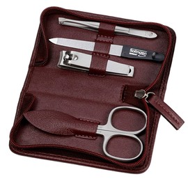 Sonnenschein by Hans Kniebes Manicure Set 4 Pieces Compact - Nail Scissors, Nail Clippers, Tweezers, Nail File - Nail Care Set Nappa Lambskin Leather Manicure Case (Bordeaux)