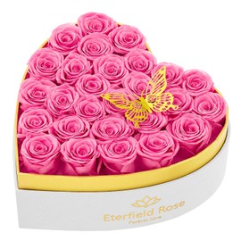 Eterfield Preserved Rose in Heart Shape Box 27-Piece Long Lasting Roses Rose Box Flowers Gift for Her Wife Valentines Day Mothers Day (Pink Roses, Heart White Suede Box)