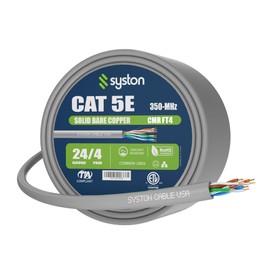 Syston Cable Technology Cat 5e Ethernet Network Cable - 20 FT，350MHz 24AWG Solid Bare Copper Wire Outdoor/Indoor, Bulk No Ends 10 Ft to 1000 Ft Available, Heat Resistant Riser Rated - CMR