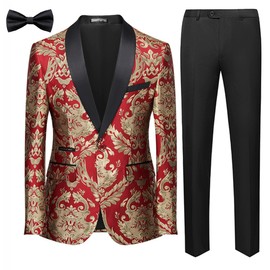 UNINUKOO Men's Suit 2 Piece Floral Paisley Regular Fit Tuxedo Suits for Men Dinner Party Jacket Pants Set US Size XL Red