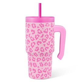 Leopard Print Kid 20oz Tumbler with Handle and Silicone Straw Lid, Insulated Stainless Steel Cup, Gift for Kids Girls, Gifts Idea for Birthday Christmas Back to School
