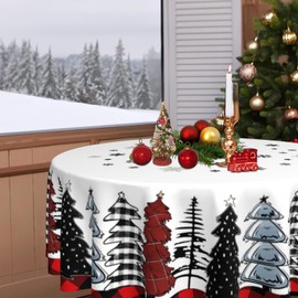JYKCUL Christmas Tablecloth Round 60 Inch Christmas Trees Buffalo Plaid Table Cloth Xmas Winter Table Cover for Party Picnic Kitchen Dinner Decor