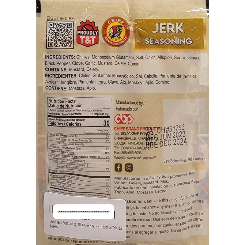 Chief Jerk Seasoning (40grams Single Bag) - Product of Trinidad