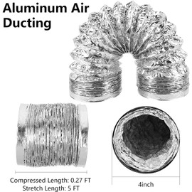 EVERMARKET Dryer Vent Hose 4 Inch 5 Feet Non-Insulated Flex Air Aluminum Foil Ducting for HVAC Ventilation with 2 Clamps, Silver