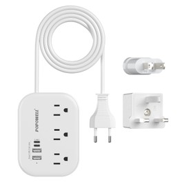 European Plug Adapter,EU/UK/US Travel Power Strip with 3 Outlets & 4 USB Ports(3.4A), International Power Adapter with 3 FT Extension Cord Compact for US to EU UK Germany Italy France Cruise