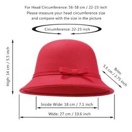 UltraKey Women Felt Hat, Bucket Hat, Adjustable Vintage Bowler Suede Wool Hat with Bowknot Red