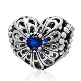 Hoobeads Openwork Heart Charms with Blue CZ Stone Solid 925 Sterling Silver Love Bead Flower Charm