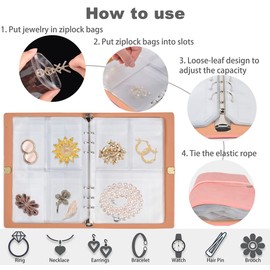 ChezMax Jewelry Organizer, Jewelry Storage Book with Pockets, Foldable Earrings Travel Album, PU Leather Accessories Holder Booklet for Necklace Rings (64 Grids+64 Anti-Oxidation PVC Bags) Pink