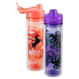 COOL GEAR Essence Chugger Water Bottle with Wide Mouth & Flip Up Design | Double-Wall Insulation and Carry Loop For Easy On-The-Go Use (2-Pack, 20 oz, Unicorn/Leaves)