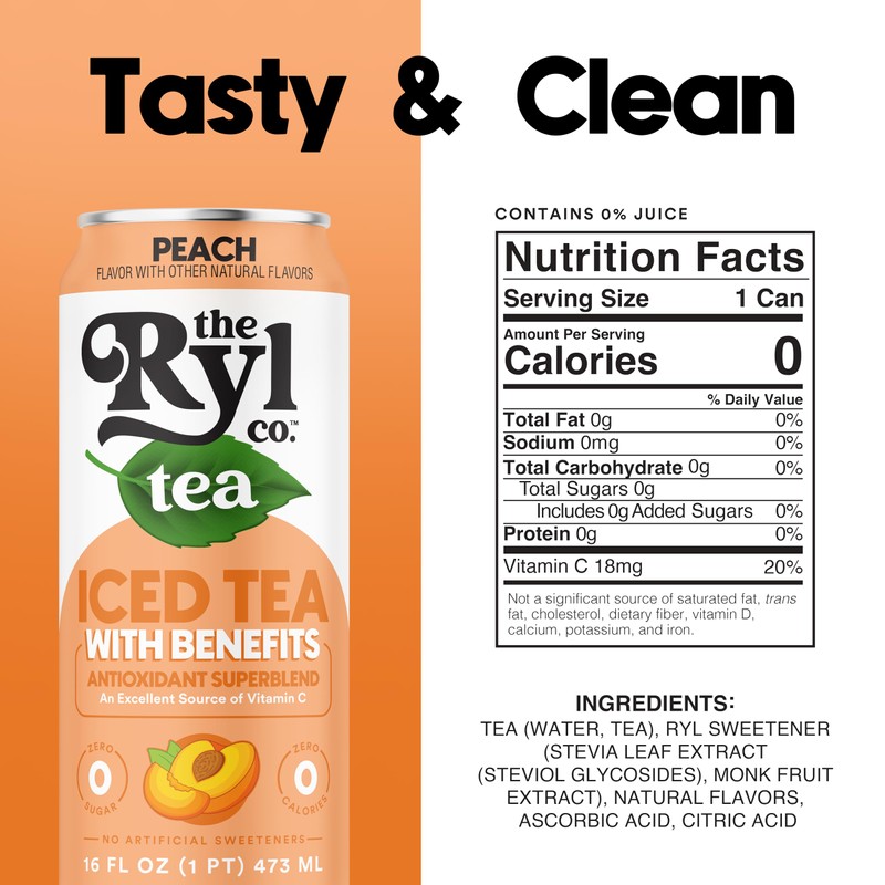 Ryl Iced Tea, Peach, Antioxidant Superblend, Zero Sugar, Low Carb,