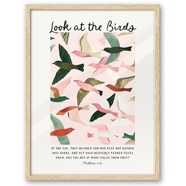 EcoHest Large 16x20in OAK Wood Framed Wall Art, Look at the Birds of the Air Bible Verse Matthew 6, Christian Scripture Modern Canvas Wall Decor for Bedroom Living Bathroom Religious Gift 1 Pack