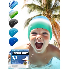 KIDVERSE Children's Swimming Cap 2-6 Years - Swimming Cap Children with Non-Slip Nubs for Maximum UV Protection Swimming Cap Children Extra Tear-Resistant & Waterproof - Size S - Blue White Turquoise