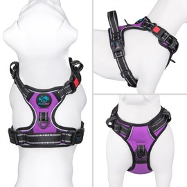 PHOEPET No Pull Dog Harness Medium Reflective Front Clip Vest with Handle,Adjustable 2 Metal Rings 3 Buckles,[Easy to Put on & Take Off](M, Purple)
