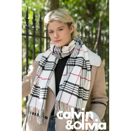 CALVIN & OLIVIA Cashmere Feel Scarf Soft Winter Ombre Nova Buffalo Tartan Tweed Houndstooth Plaid Gift Men Women, White Plaid, Large