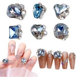Chisafly Nail Stone, Large Nail Parts, Crystal, Gems, Glitter, 3D, Heart, Square, Rectangle, Set of 6 (Light Blue)