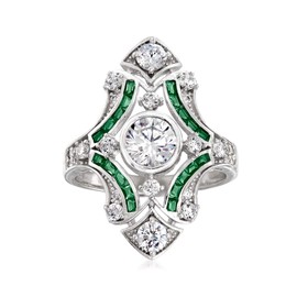 Ross-Simons 1.55 ct. t.w. CZ and .20 ct. t.w. Simulated Emerald Ring in Sterling Silver. Size 7