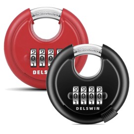 DELSWIN 4-Digit Disc Combination Lock Outdoor - Heavy Duty Combination Padlocks with Hardened Steel Shackle Weatherproof Combo Locks for Gates,Sheds,Fence,Storage Unit (3/8" Shackle, Black and Red)