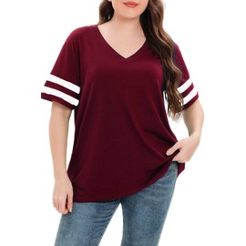 CARROTMOB Summer Tops for Women Plus Size T-Shirts V Neck Short Sleeve Stripes Casual Tee Blouse Wine Red 3X