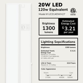 LAGOM 40" Direct Wire Dimmable LED Under Cabinet Lights, Selectable 2700K/4000K/5000K, Selectable Brightness, White Finish, UC0140WH27