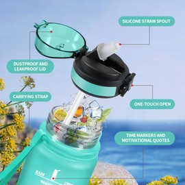 JAPORIA Borraccia Motivazionale 1L, Borraccia con Cannuccia, Antigoccia, a Prova di Perdite, Bottiglia Acqua con Indicatore del Tempo, Borracce Sportiva per Campeggio, Corsa, Scuola, Ufficio
