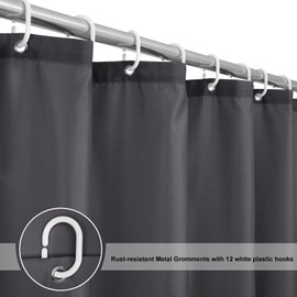 EurCross Dark Gray Fabric Longer Shower Curtain Liner 72 x 84 inch Length,Water Repellent Durable Solid Grey Extra Long Shower Curtains for Bathroom with Hooks