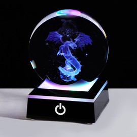 80mm Crystal Ball Engraved 3D Gothic Dragon with Black Colorful Base Unique Dragon Figurine Globe Birthday Gifts for Gragon Lover Glass Ornaments