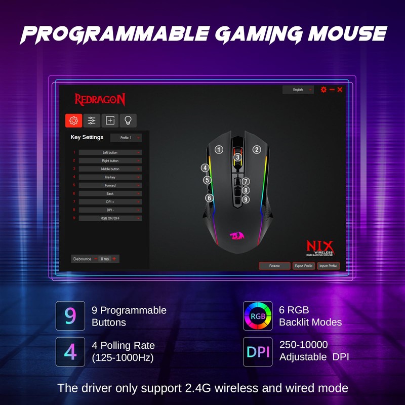 Redragon Wireless Gaming Mouse, Tri-Mode 2.4G/USB-C/Bluetooth Mouse Gaming, 10000 DPI,