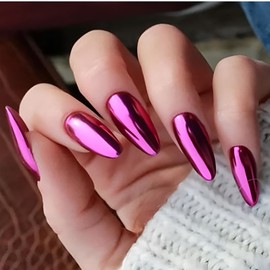 Almond Press on Nails Medium Chrome Purple Fake Nails Shiny Glossy Acrylic Nails Salon Quality False Nails Glazed Glue on Nails Stick on Nails for Women 24 Pcs