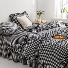 Black and White Gingham Duvet Cover King, 3-Piece Ruffled Bedding Set - 100% Washed Cotton, Lightweight & Breathable - Modern Graphic Bold Comforter Cover for Farmhouse