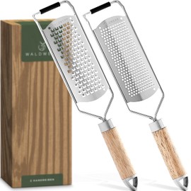 WALDWERK Cheese Grater (Set of 2) – Parmesan Grater with Design Wooden Handle – Stainless Steel Zester Grater with Etched Blades – Grater Also Suitable as a Nutmeg Grater, Lemon Grater, Ginger Grater