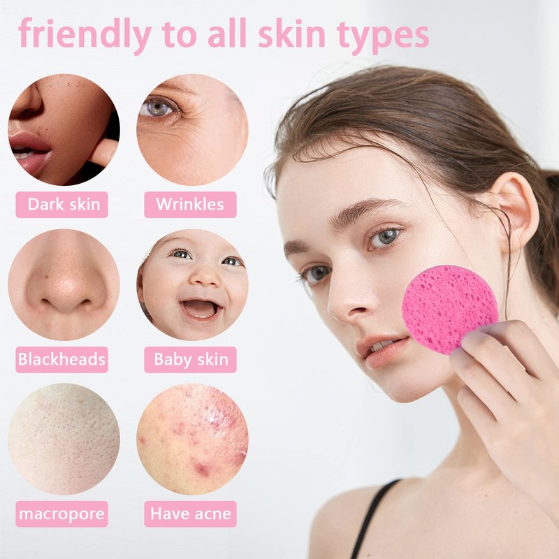 Spunspon 50-Count Facial Sponges, Compressed Natural Cellulose, Pink, Round Shape,