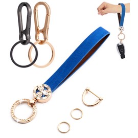 Key Chains for Cars Leather Keychain Wristlet Keyholder with Bling Rhinestone Shinning Keyring Women Girls Gifts (Blue)