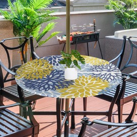GzLeyigou Fitted Round Tablecloth with Umbrella Hole and Zipper Spring Floral Outdoor Elastic Table Cloth 45"-56" Oil-Proof Waterproof Yellow Navy Chrysanthemum Patio Table Cover for Picnic Party