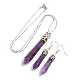AD Beads Natural Gemstones Hexagonal Pointed Reiki Chakra Pendant necklace And Earring Set (Purple Amethyst)