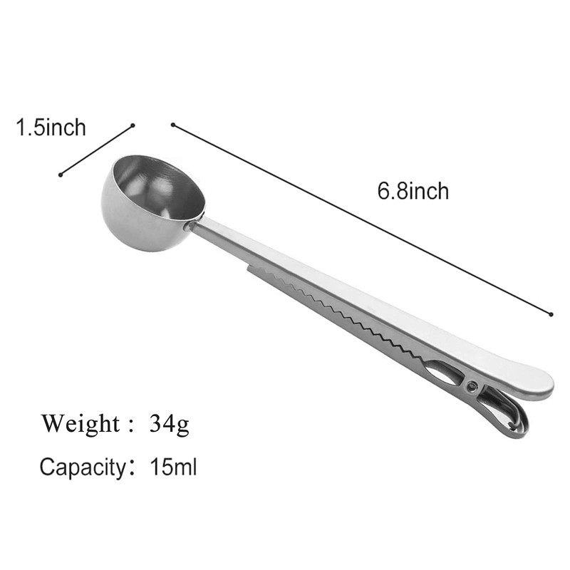 Coffee Scoop Spoon with Bag Clip, Set of 2 (Silver)