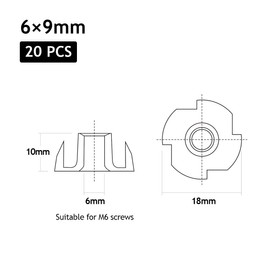 FOMGIIN Drive-in Nuts M6 x 9 mm, Pack of 20 Threaded Insert Impact Nuts, Carbon Steel Screw-in Nut with 4 Drive-In Tips for Plastic Wood, DIN 6930 / ISO 6930 g