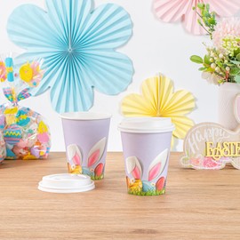 Restaurantware-Restpresso 12 Ounce Easter Party Cups, 400 Hot Cups With Plastic Lids - Easter Bunny And Egg Design, Disposable, Purple Paper Coffee Cups, Single Wall, Serve Hot And Cold Drinks