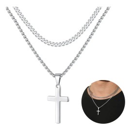 Diguiduk® Collar Cadenas Cruz Dijes Hombres Joyeria Acero Inoxidable Plata Collares De Mujer Collares De Moda Para Halloween Collar Apilable 1pzs * Longitud 60cm, 1pzs * Longitud 45cm