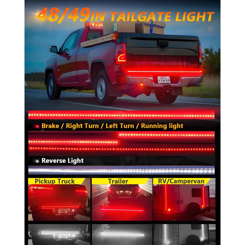 Qasim 48/49inch LED Truck Tailgate Light Strip 5 Function Red/White