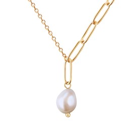 Valero Pearls Women's Necklace Stainless Steel Yellow Gold-Plated with Baroque Freshwater Cultured Pearl 7.3 mm White - Stainless Steel Necklace Yellow Gold with Pearl, Stainless Steel, Freshwater