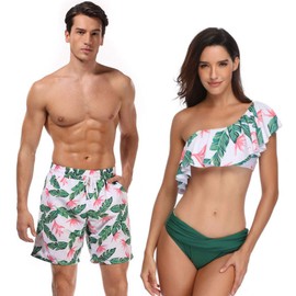 Green Tropical Plant Couples Matching Swimsuit Bikini 2 Piece Set Beach Bathing Swimwear