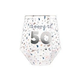 Pavilion - Cheers To 50-16 oz Geometric Speckled Stemless Wine Glass With Silver Electroplated Rim Happy Birthday Milestone Gift Present