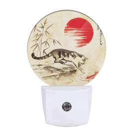 EKOBLA Fish in Pond LED Night Light Red Sun Bamboo Branch Cute Cat Play with Fish Dusk to Dawn Night Lamp Auto Sensor for Home Indoor Bathroom Hallway Kitchen