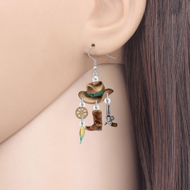 WEVENI Acrylic Cowgirl Hat Cowboy Boot Earrings Dangling Western Jewelry Vintage Accessories for Rodeo Outfits Cowgirl Gifts for Women (Coffee)