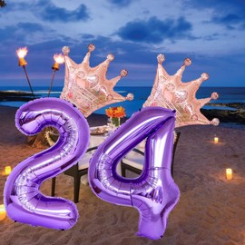 40 Inch Rose Gold Crown Number 24 Balloons, 24th Birthday Balloons for Men Women, Purple 24th Celebration Decor Happy 24th Birthday Party,24th Party Decoration Wedding Anniversary Events Supplies