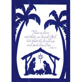 Deluxe Religious Christmas Card 8 Pack ~ Bethlehem, Holy Family Nativity Scene (Blue Foil; 5" x 7"; White Envelopes; 8-1)
